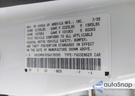 2005 Honda Accord 2.4 Ex z USA, uszkodzony, nr VIN 1HGCM56705A179355